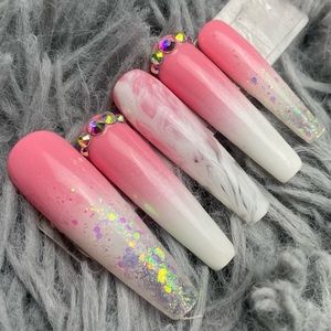 XL coffin pink press on nails rhinestones glitter ombré marble handmade custom